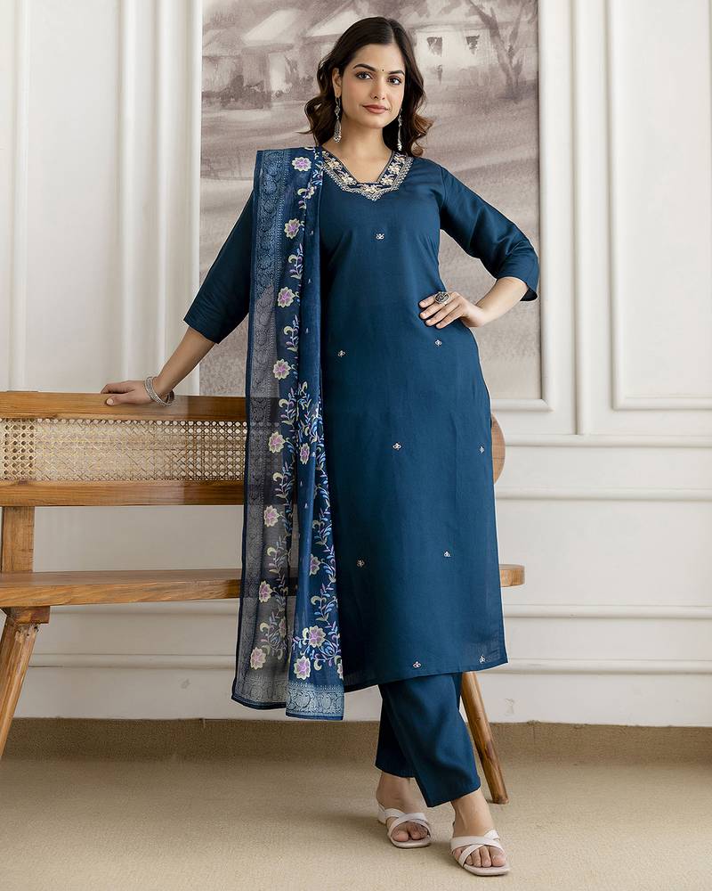 Teal blue chanderi thread embroidery readymade suits