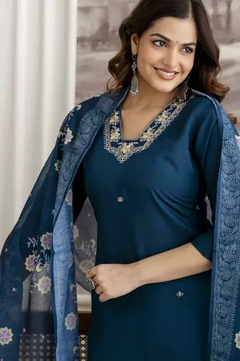 Teal blue chanderi thread embroidery readymade suits