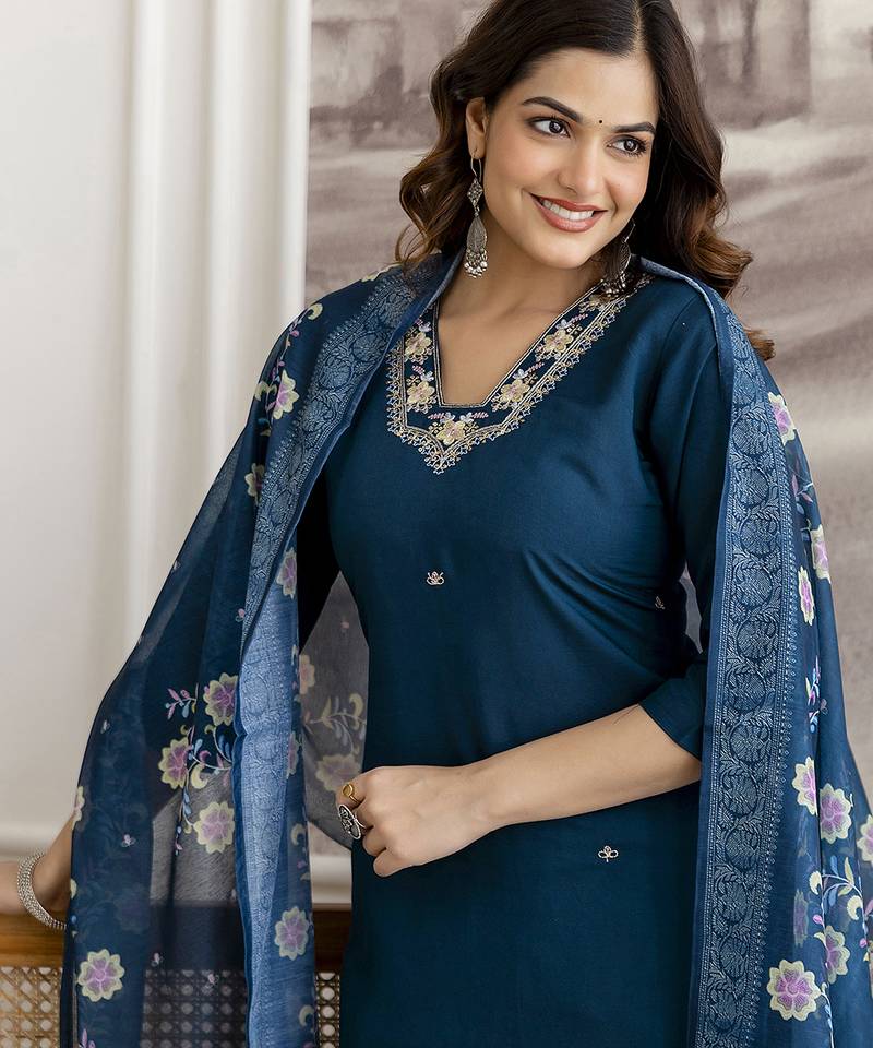 Teal blue chanderi thread embroidery readymade suits