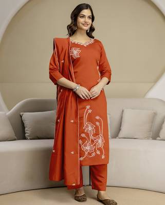 Orange chanderi thread embroidery readymade suits 1