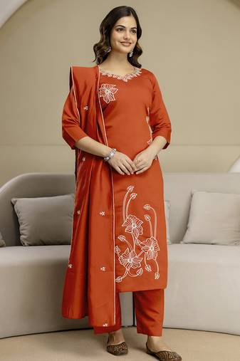 Orange chanderi thread embroidery readymade suits