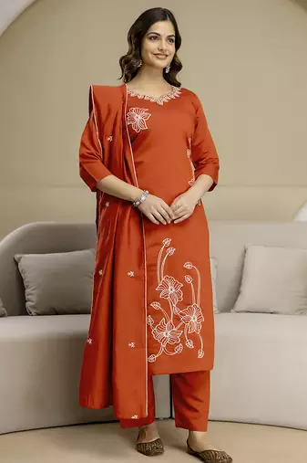 Orange chanderi thread embroidery readymade suits