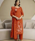 Orange chanderi thread embroidery readymade suits