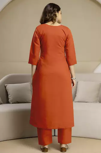 Orange chanderi thread embroidery readymade suits