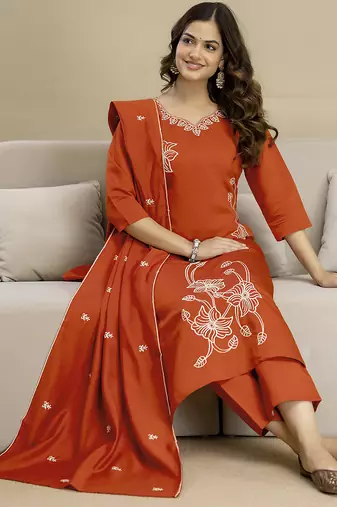 Orange chanderi thread embroidery readymade suits