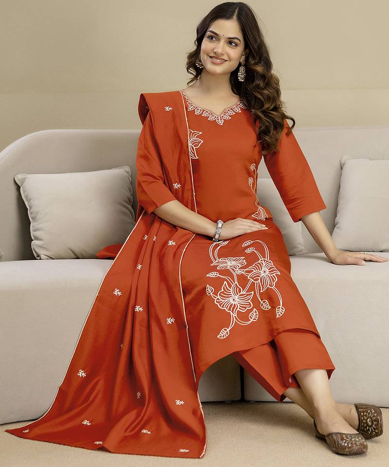 Orange chanderi thread embroidery readymade suits