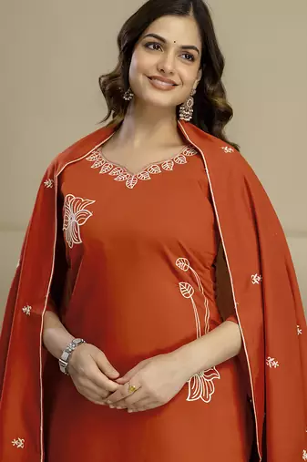 Orange chanderi thread embroidery readymade suits