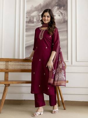 Maroon chanderi thread embroidery readymade suits 1