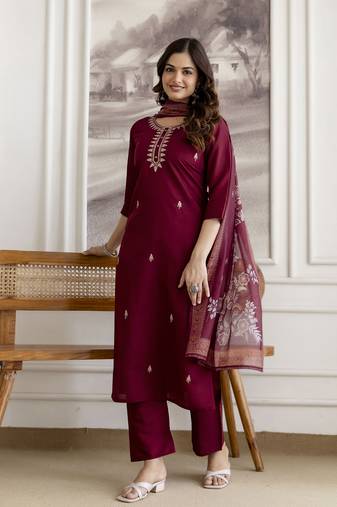 Maroon chanderi thread embroidery readymade suits