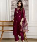 Maroon chanderi thread embroidery readymade suits