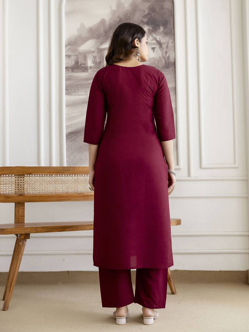Maroon chanderi thread embroidery readymade suits