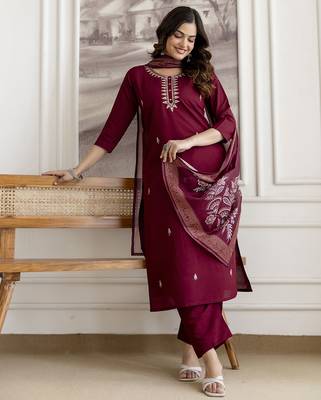 Maroon chanderi thread embroidery readymade suits 3