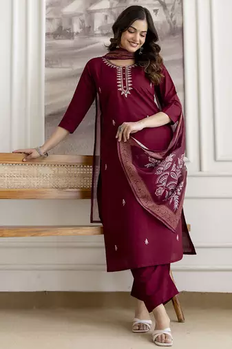 Maroon chanderi thread embroidery readymade suits