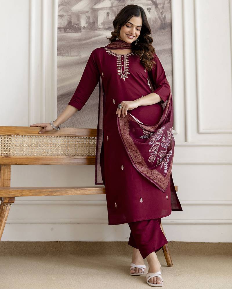 Maroon chanderi thread embroidery readymade suits
