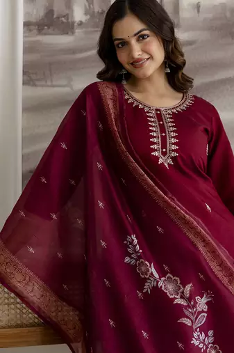 Maroon chanderi thread embroidery readymade suits