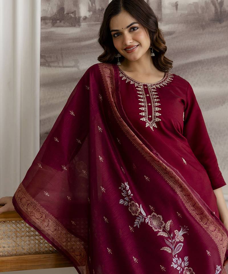Maroon chanderi thread embroidery readymade suits