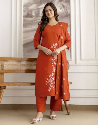 Orange chanderi thread embroidery readymade suits 1