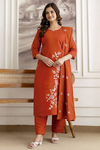 Orange chanderi thread embroidery readymade suits