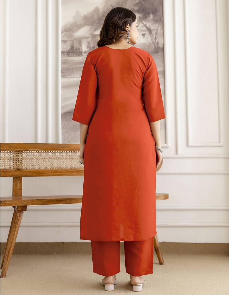 Orange chanderi thread embroidery readymade suits