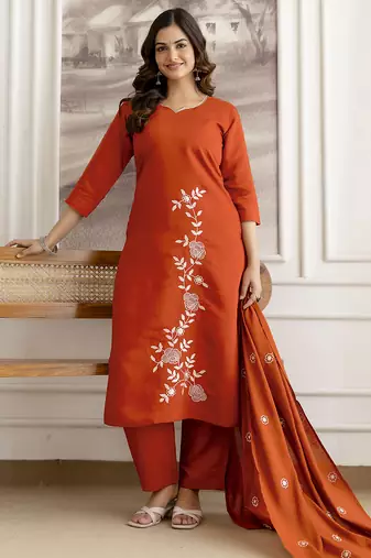 Orange chanderi thread embroidery readymade suits