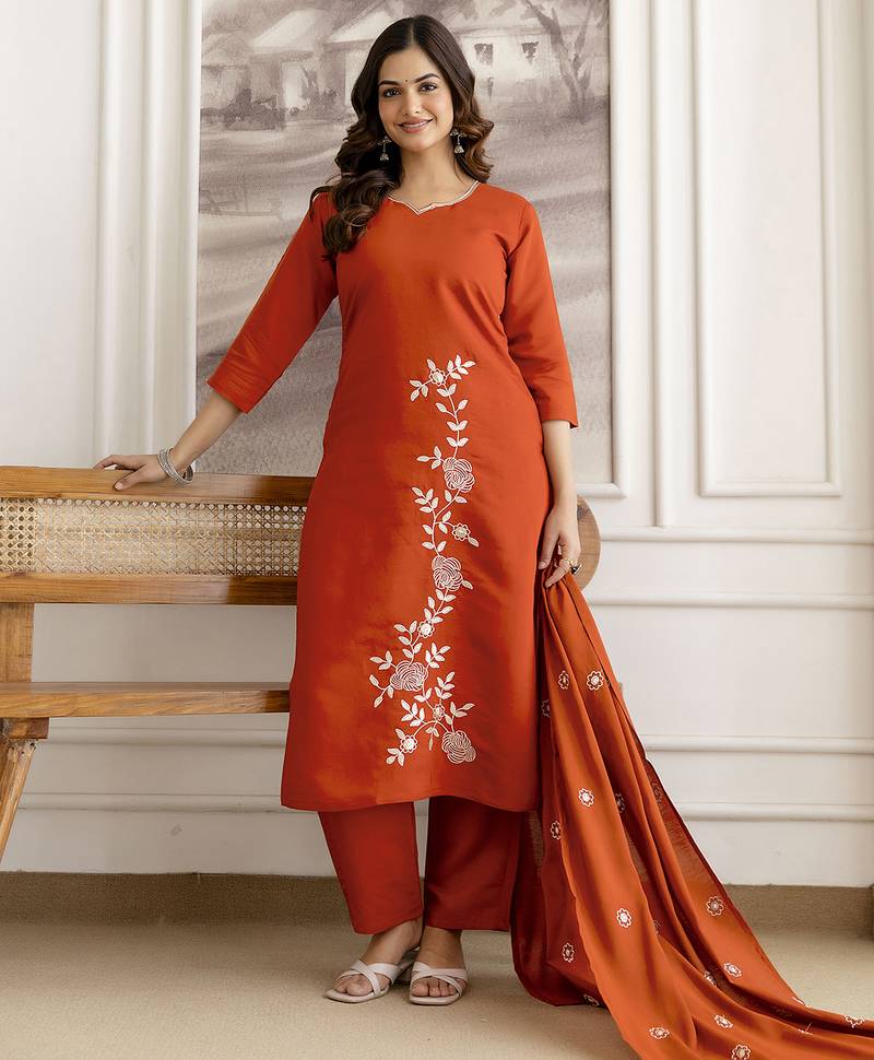 Orange chanderi thread embroidery readymade suits