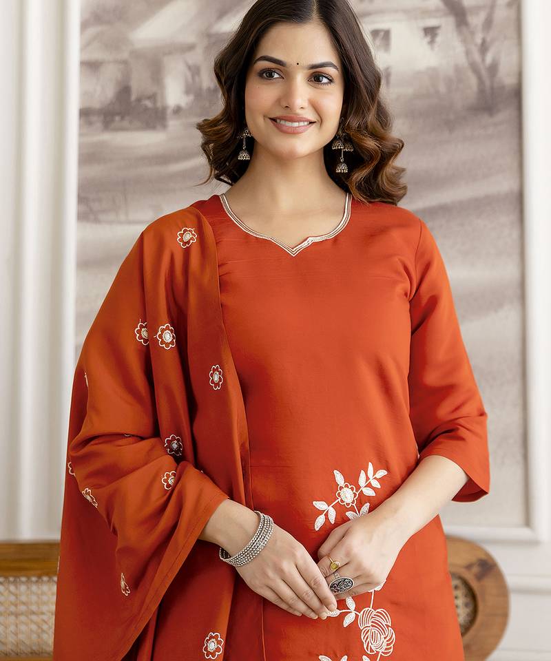 Orange chanderi thread embroidery readymade suits