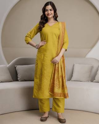 Yellow chanderi thread embroidery readymade suits 1
