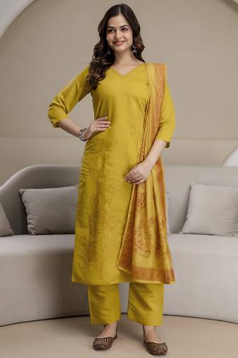 Yellow chanderi thread embroidery readymade suits