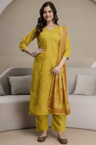 Yellow chanderi thread embroidery readymade suits