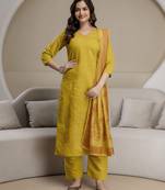 Yellow chanderi thread embroidery readymade suits