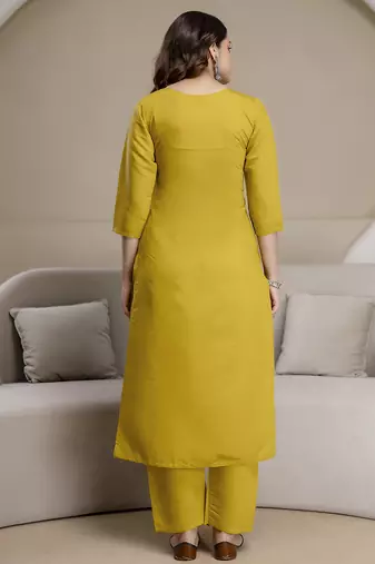 Yellow chanderi thread embroidery readymade suits