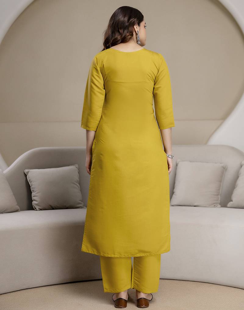 Yellow chanderi thread embroidery readymade suits