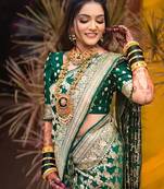 Green soft silk blend banarasi jacuard work designer party wear saree with unstitched blouse piece