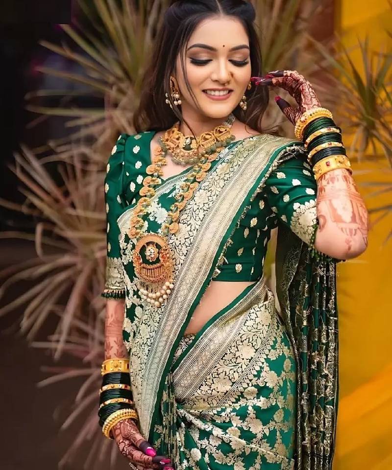 Green soft silk blend banarasi jacuard work designer party wear saree with unstitched blouse piece