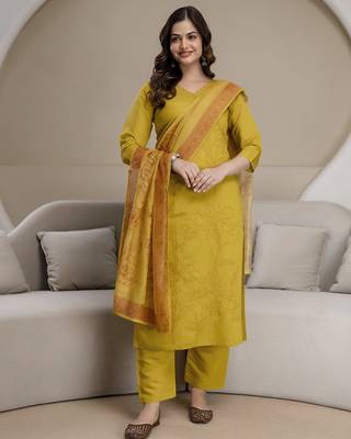 Yellow chanderi thread embroidery readymade suits 3
