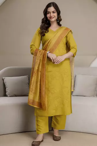Yellow chanderi thread embroidery readymade suits