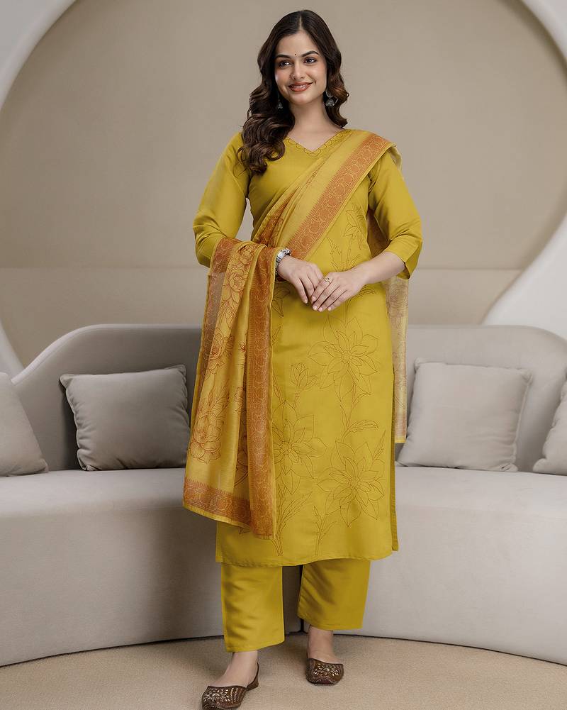 Yellow chanderi thread embroidery readymade suits
