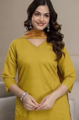 Yellow chanderi thread embroidery readymade suits