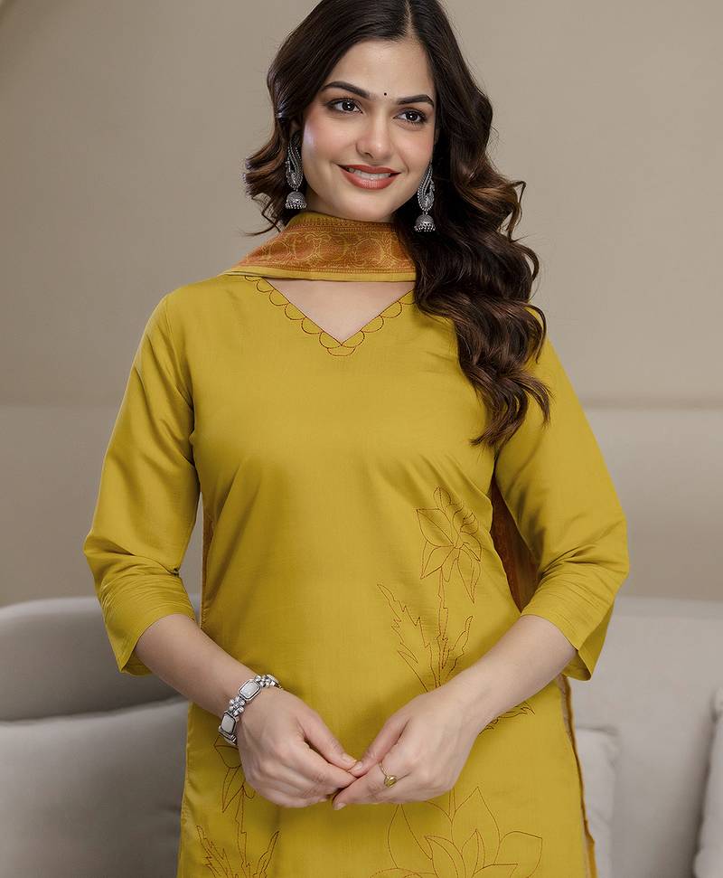 Yellow chanderi thread embroidery readymade suits