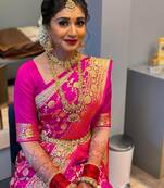 Pink soft silk blend banarasi jacuard work designer party wear saree with unstitched blouse piece