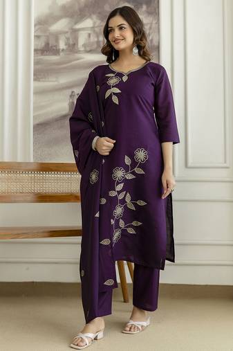 Purple chanderi thread embroidery readymade suits