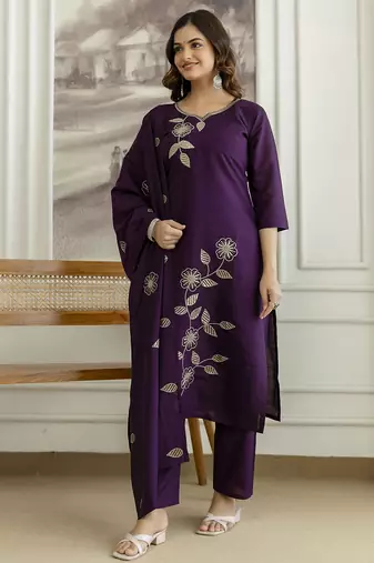 Purple chanderi thread embroidery readymade suits