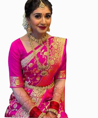 Pink silk blend banarasi saree with unstitched blouse piece 2