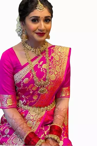 Pink silk blend banarasi saree with unstitched blouse piece
