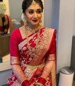 Red soft silk blend banarasi jacuard work designer party wear saree with unstitched blouse piece