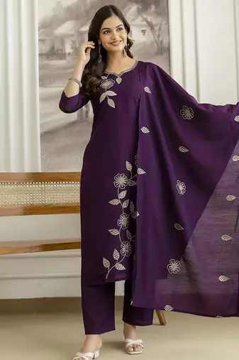 Purple chanderi thread embroidery readymade suits