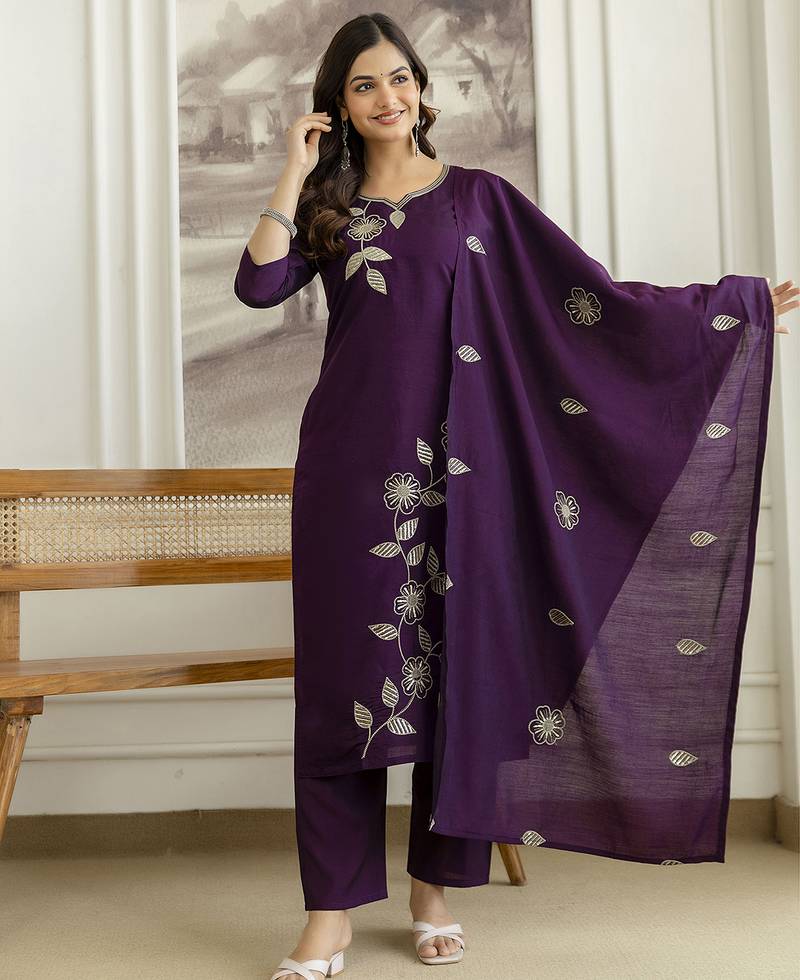 Purple chanderi thread embroidery readymade suits
