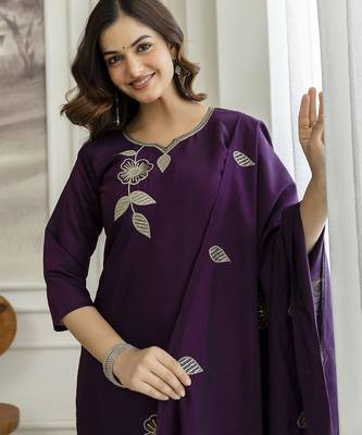 Purple chanderi thread embroidery readymade suits 4