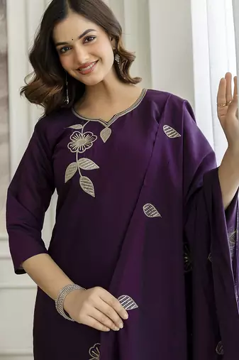 Purple chanderi thread embroidery readymade suits