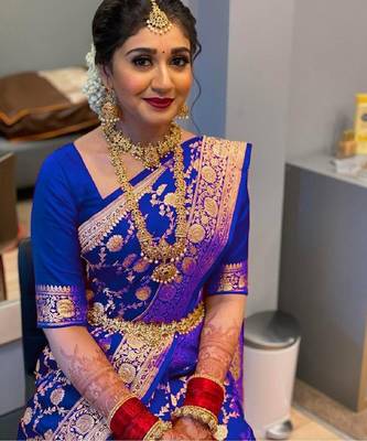 Royal blue silk blend banarasi saree with unstitched blouse piece 1
